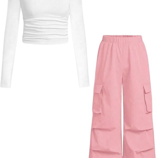 Girls Clothes 2 Piece Outfit Ribbed T-Shirt Top + Cargo Pants, Girls Fall Clothing Set, Sizes 5-12 Years
