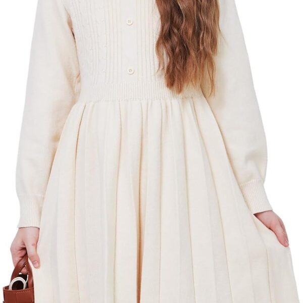 Girl's Sweater Dress Long Sleeve Button Pleated Casual Fall Winter Knit Dresses 5-12Y