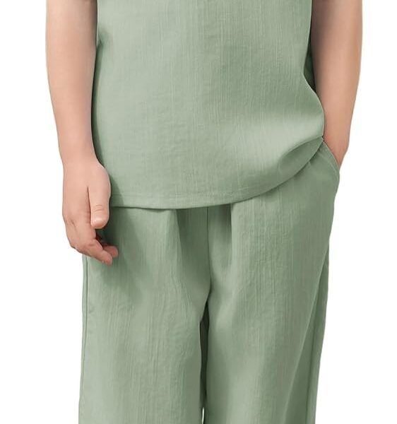 Boy's 2 Pieces Clothes Set Henley Shirt Short Sleeve and Harem Capri Pants Wide Leg Baggy Summer Beach Outfits