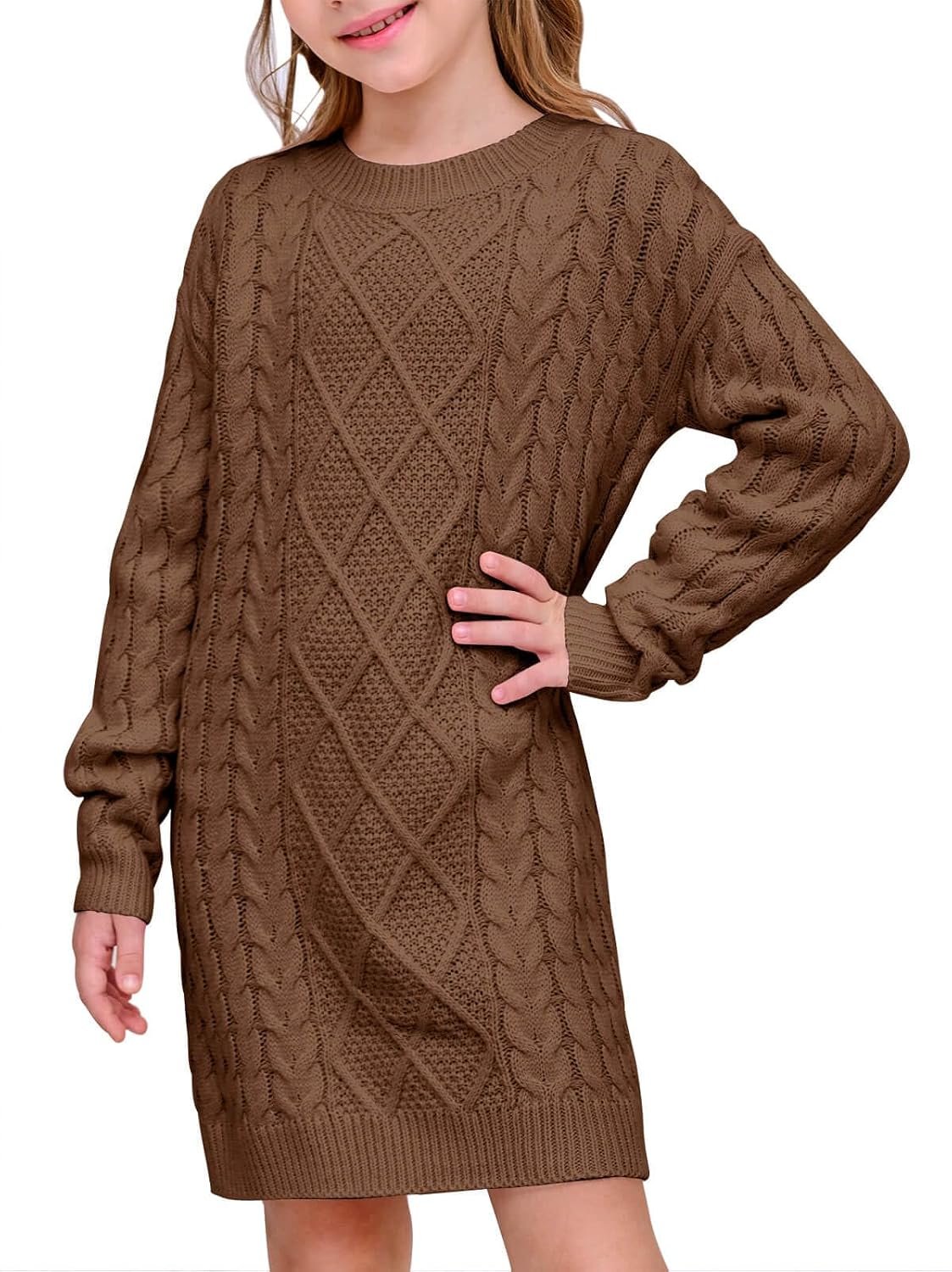 Girls Cable Knit Long Sleeve Sweater Dress Kids Fashion Fall Tunic Tops Outfits 3-12 Years
