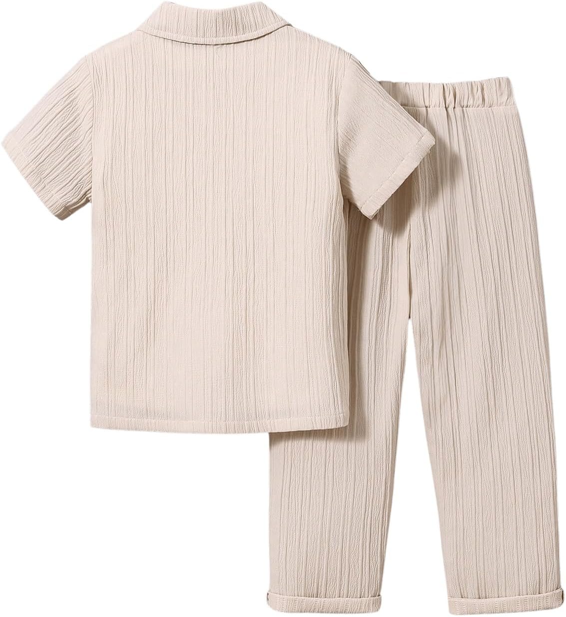 Boy's 2 Piece Outfits Textured Button Down Short Sleeve Collar Shirts Tops and Elastic Waisted Pants - Image 2