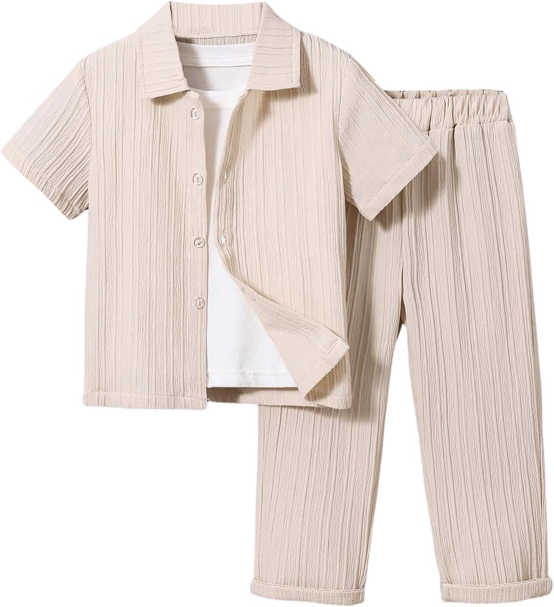 Boy's 2 Piece Outfits Textured Button Down Short Sleeve Collar Shirts Tops and Elastic Waisted Pants