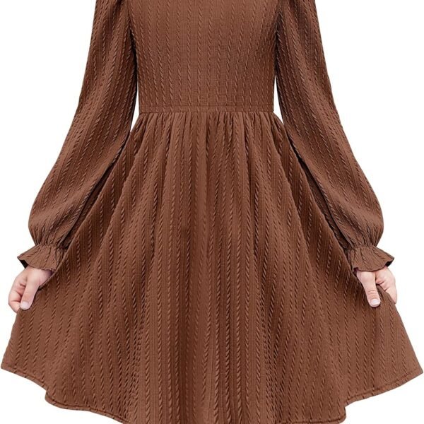 Girls Knit Dresses Puff Long Sleeve Fall Winter Casual Holiday Sweater Dress with Pockets