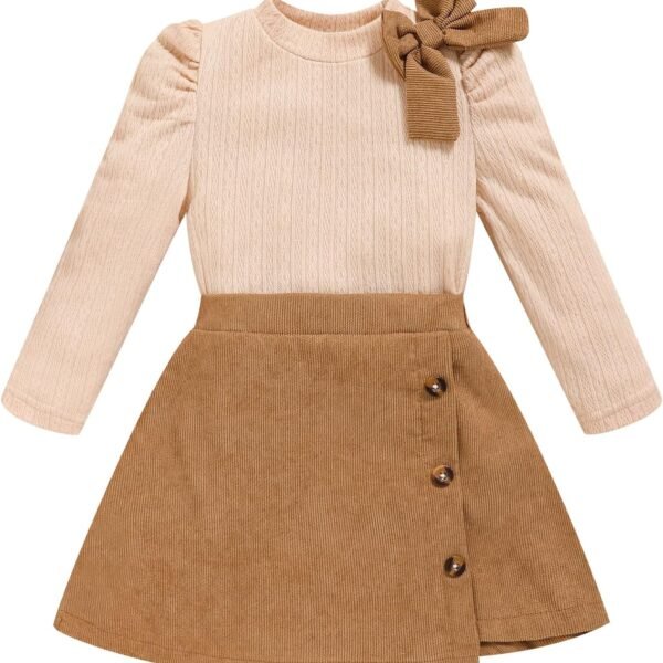 Toddler Girl Plaid Outfits Fall Winter Dress Knit Ribbed Bow Sweatshirt Tops and Button Fashion Skirts Set