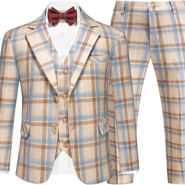 Boys Tuxedo Suits Size 4-16 Plaid Stripe Dress Suit Jacket for Boys 3 Piece Tweed Pinstripe Slim Fit Suits Set